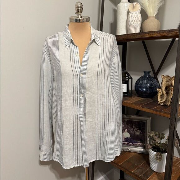 CP Shades 100% Linen Button Up Stripe Tunic Shirt L Lagenlook Coastal Beach Boho - Picture 1 of 9
